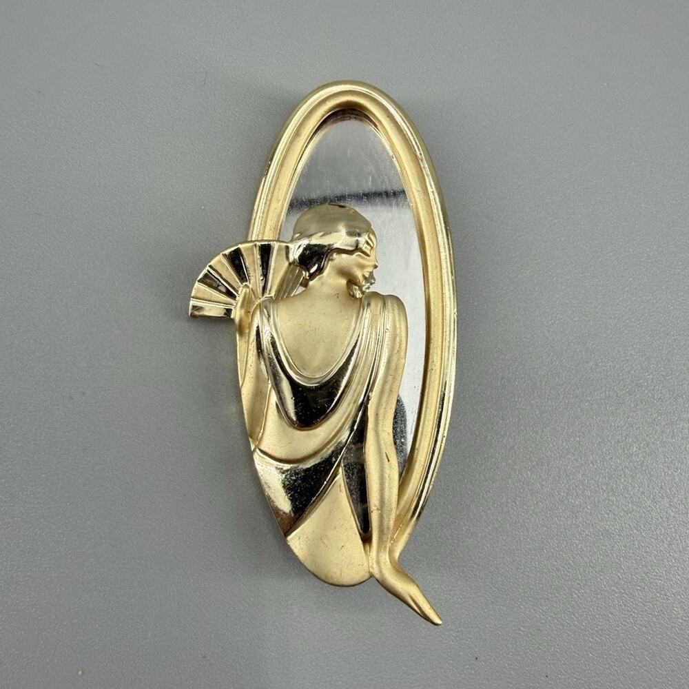 Vintage AJC Art Deco Revival Lady in Mirror Brooch Gold Tone Figural Pin Signed